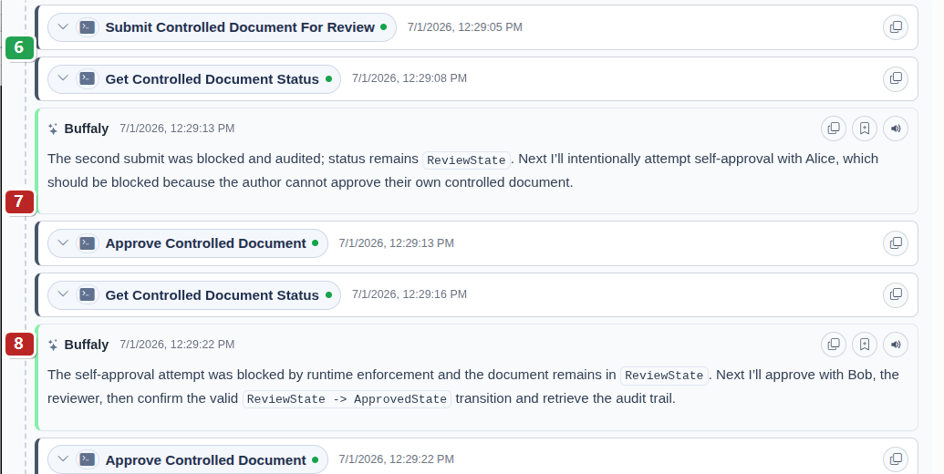 Timeline screenshot showing a successful submission to ReviewState, followed by a blocked self-approval attempt by Alice
