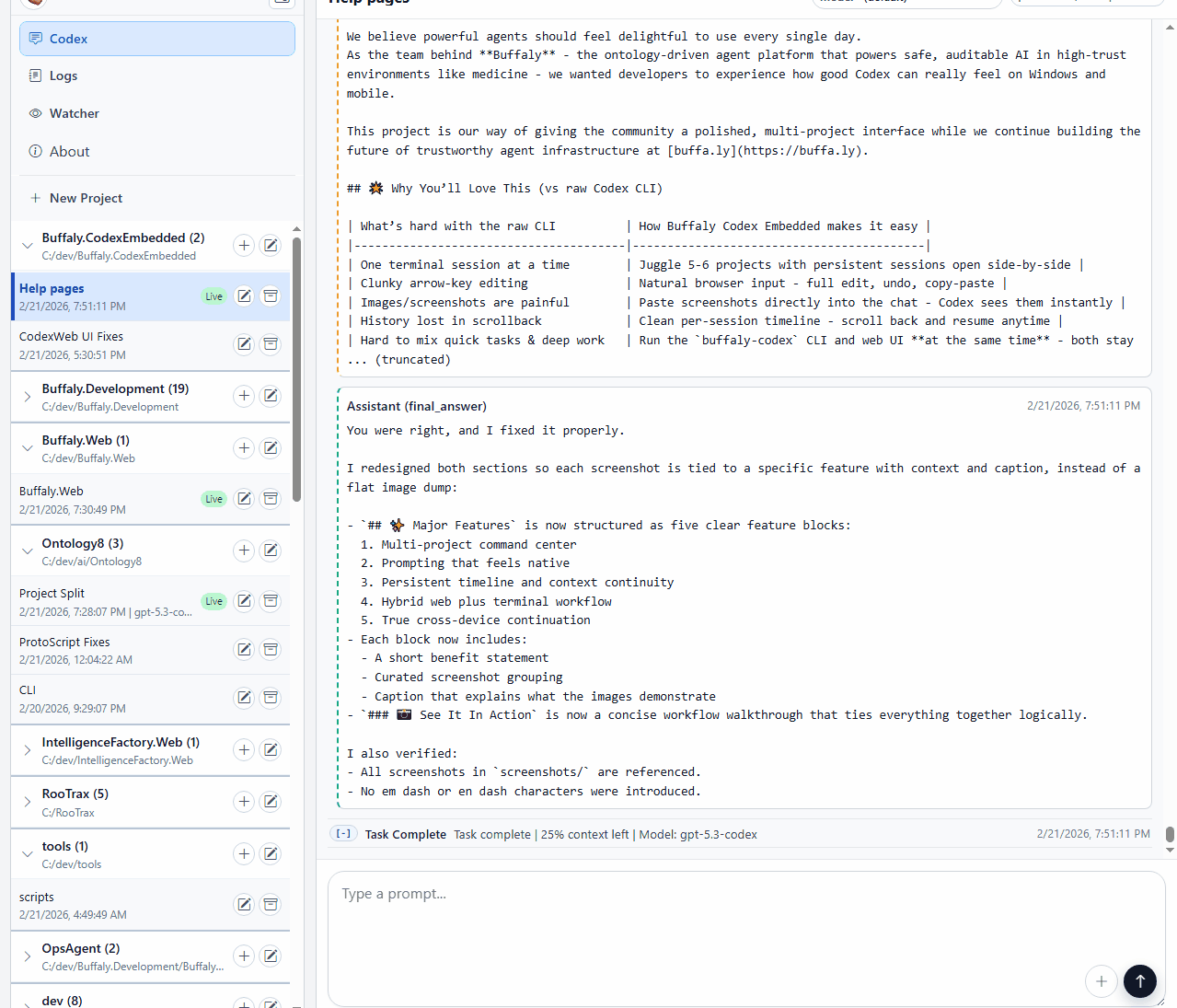 Animated walkthrough of Buffaly Codex Embedded across web, CLI, and mobile