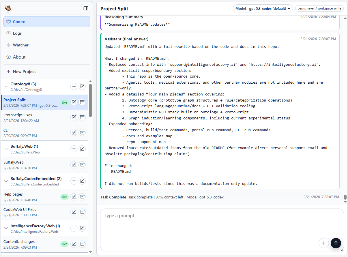 Multi-project workspace with sidebar and active conversation