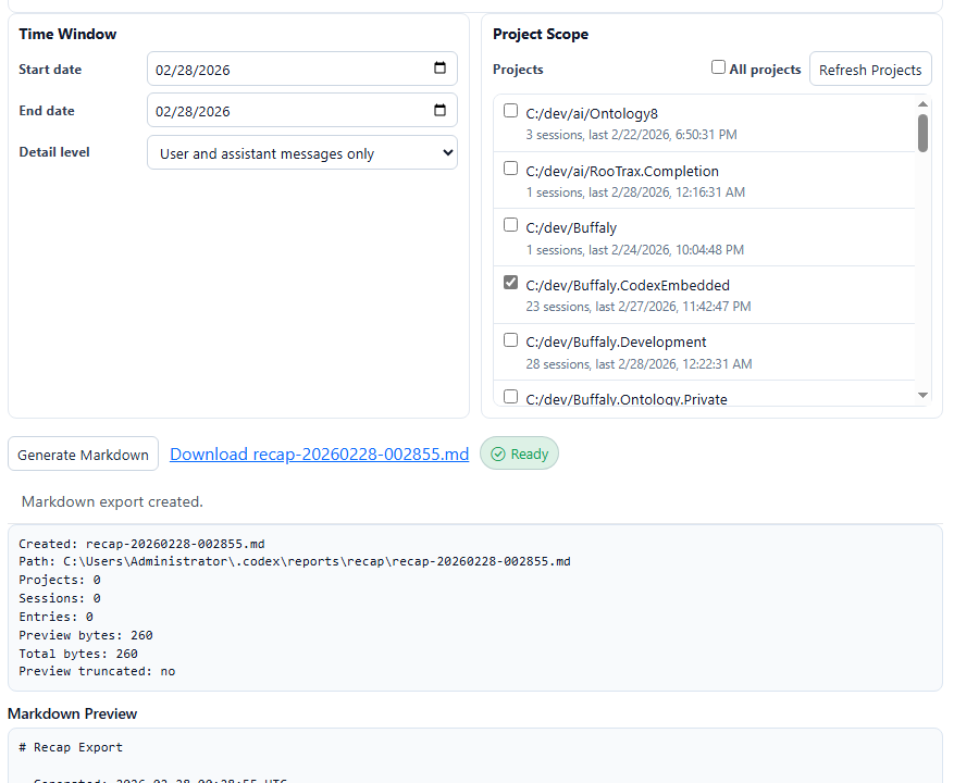 Recap screen for exporting work